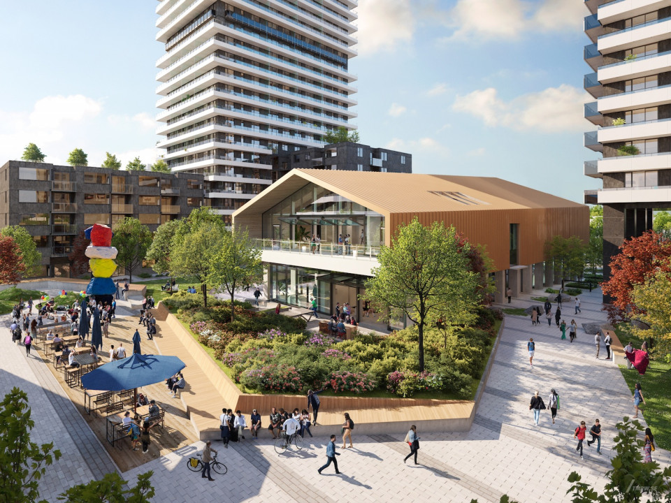 Parkway ground-level amenity pavilion exterior render with outdoor plaza, pedestrian paths, and landscaped community space by Bosa Properties