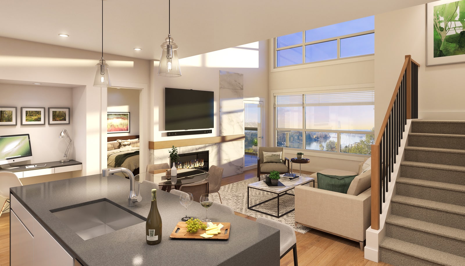 Highpointe interior render of a loft-style city home with open kitchen, double-height ceilings, fireplace feature wall, and Fraser River views through floor-to-ceiling windows