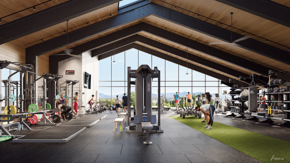 Parkway amenity pavilion gym interior render by Bosa Properties with lifting platforms, turf flooring, and full equipment setup