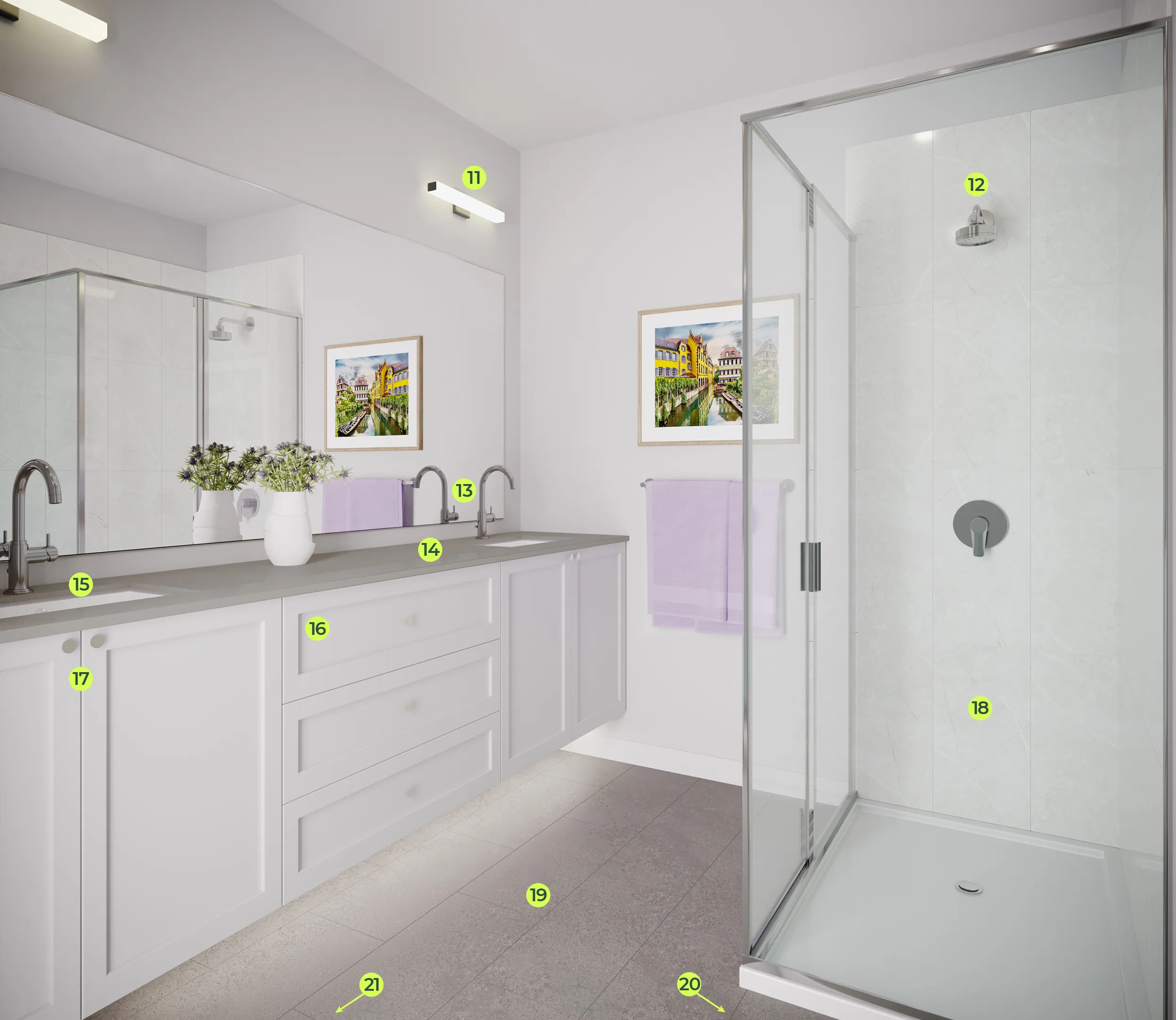 QUEENS Forest Hills bathroom interior render by Dawson + Sawyer with modern tile, quartz vanity, and soaker tub