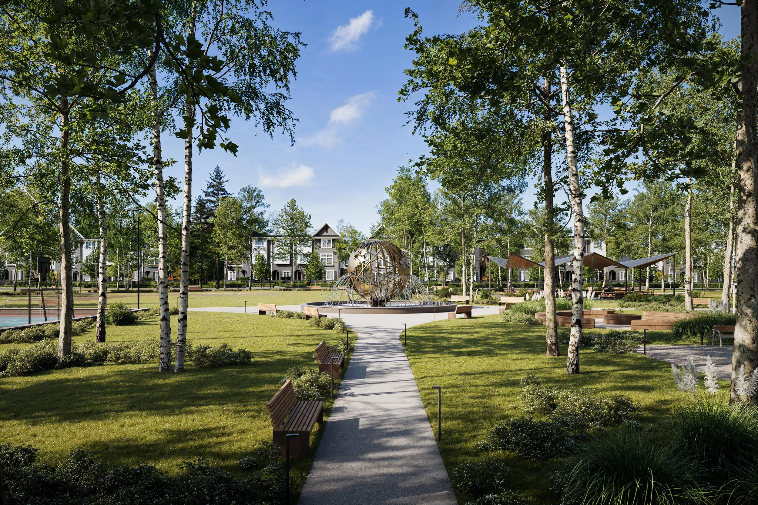 QUEENS Forest Hills exterior render by Dawson + Sawyer showing a cluster of townhomes with shingle siding, gables, and landscaped walkways in Bear Creek Surrey