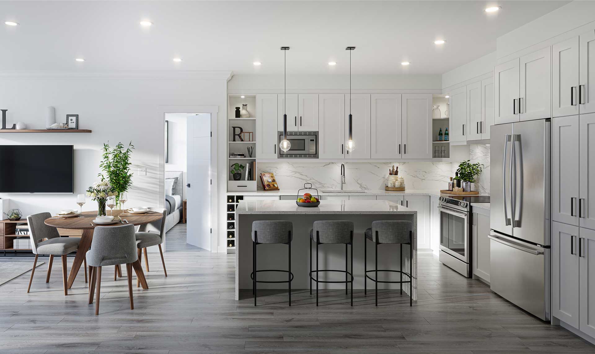 Inspire Maple Ridge interior render: open-concept kitchen with white shaker cabinets, marble-look backsplash, stainless appliances, and quartz island seating