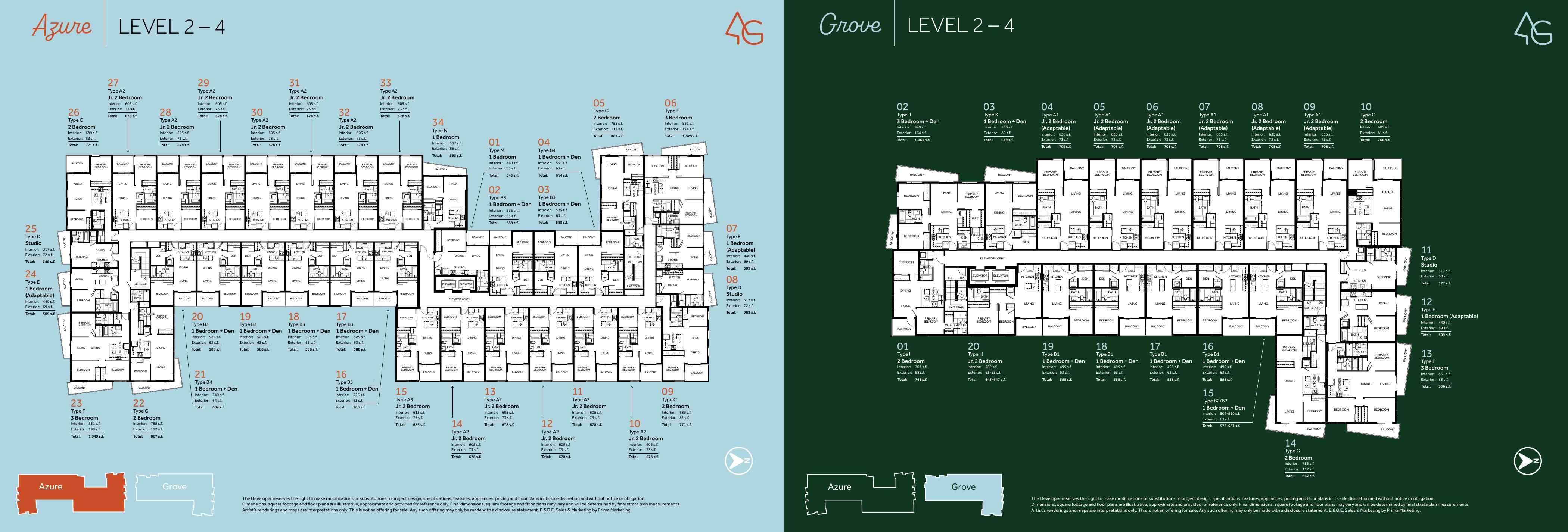Azure and Grove building floor plates Levels 2-4 showing unit layouts at Azure Grove Langley