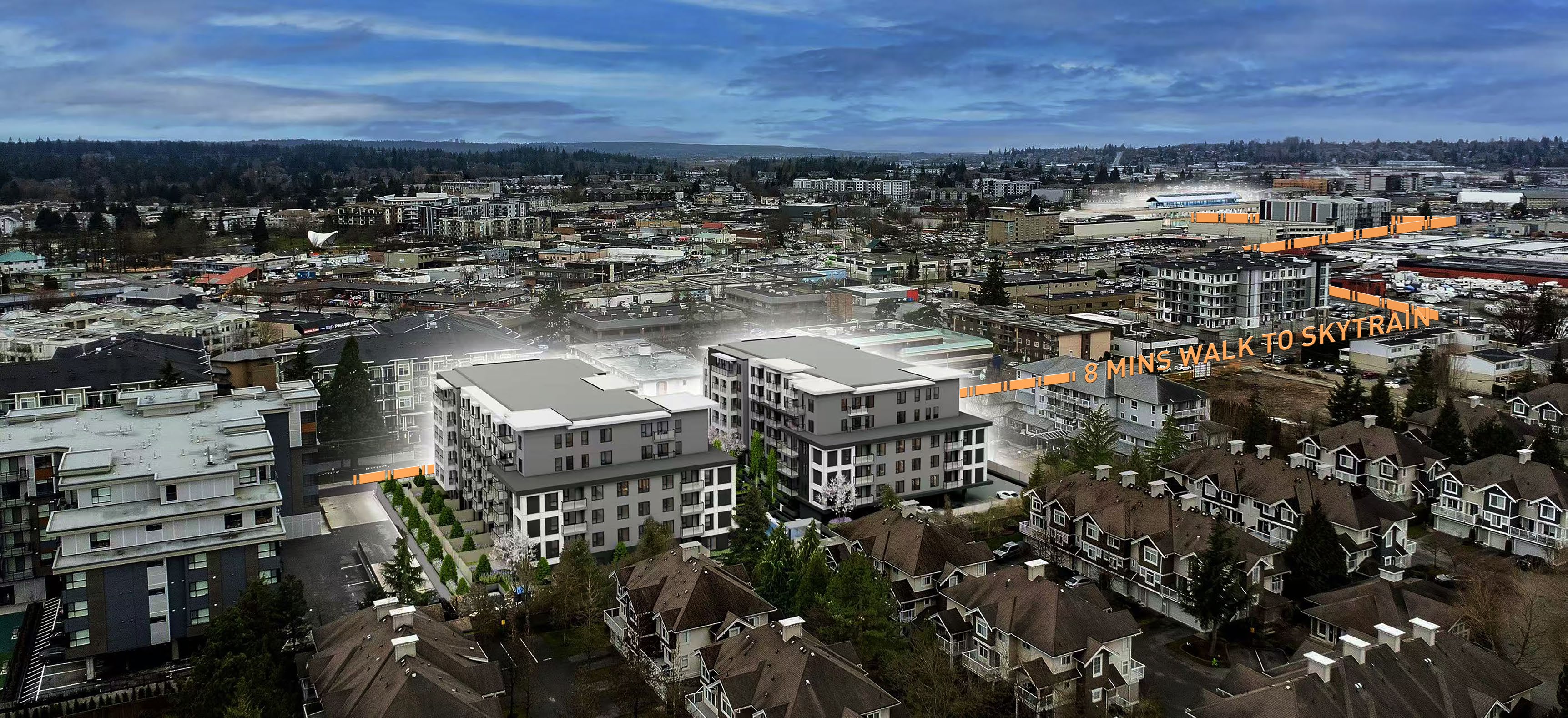 Kamilia location map showing walking distance to SkyTrain station and downtown Langley City amenities