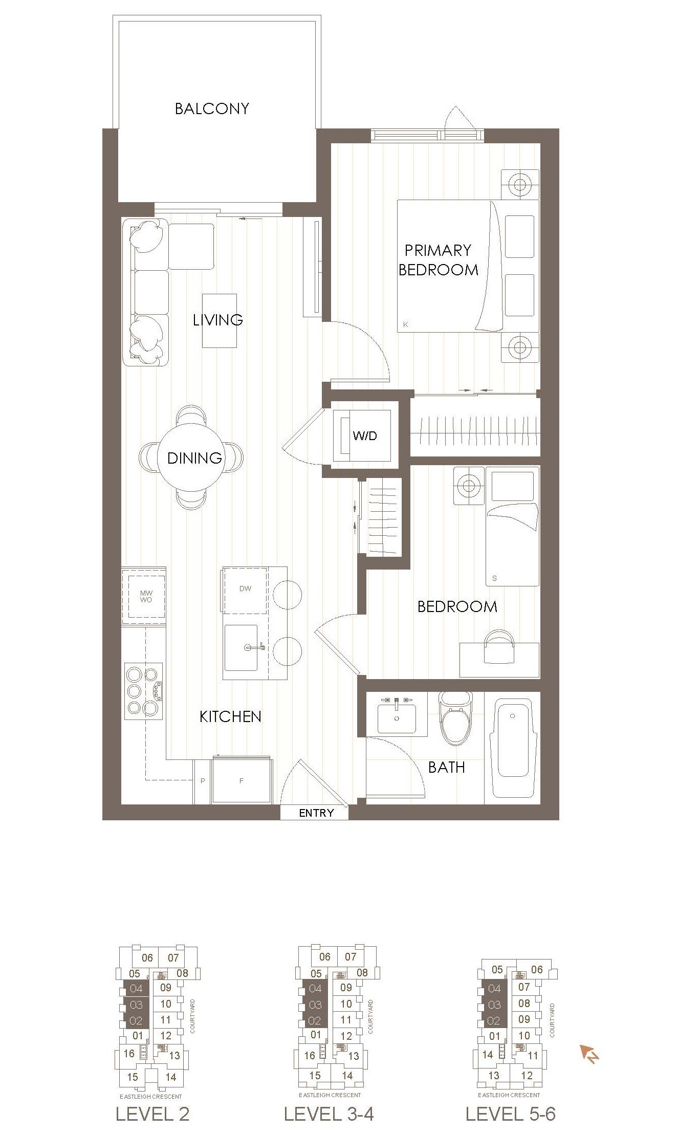 Kamilia West Building Plan A floor plan: Jr. 2 Bedroom, 569 sqft interior, 74 sqft exterior, 643 sqft total
