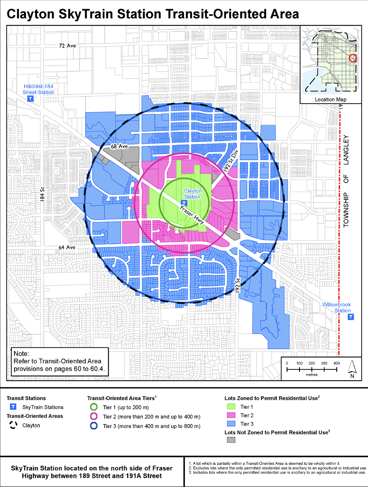 Map of Surrey showing Transit-Oriented Area (TOA) tier rings drawn around each SkyTrain station along the Expo Line and the new Surrey-Langley SkyTrain extension