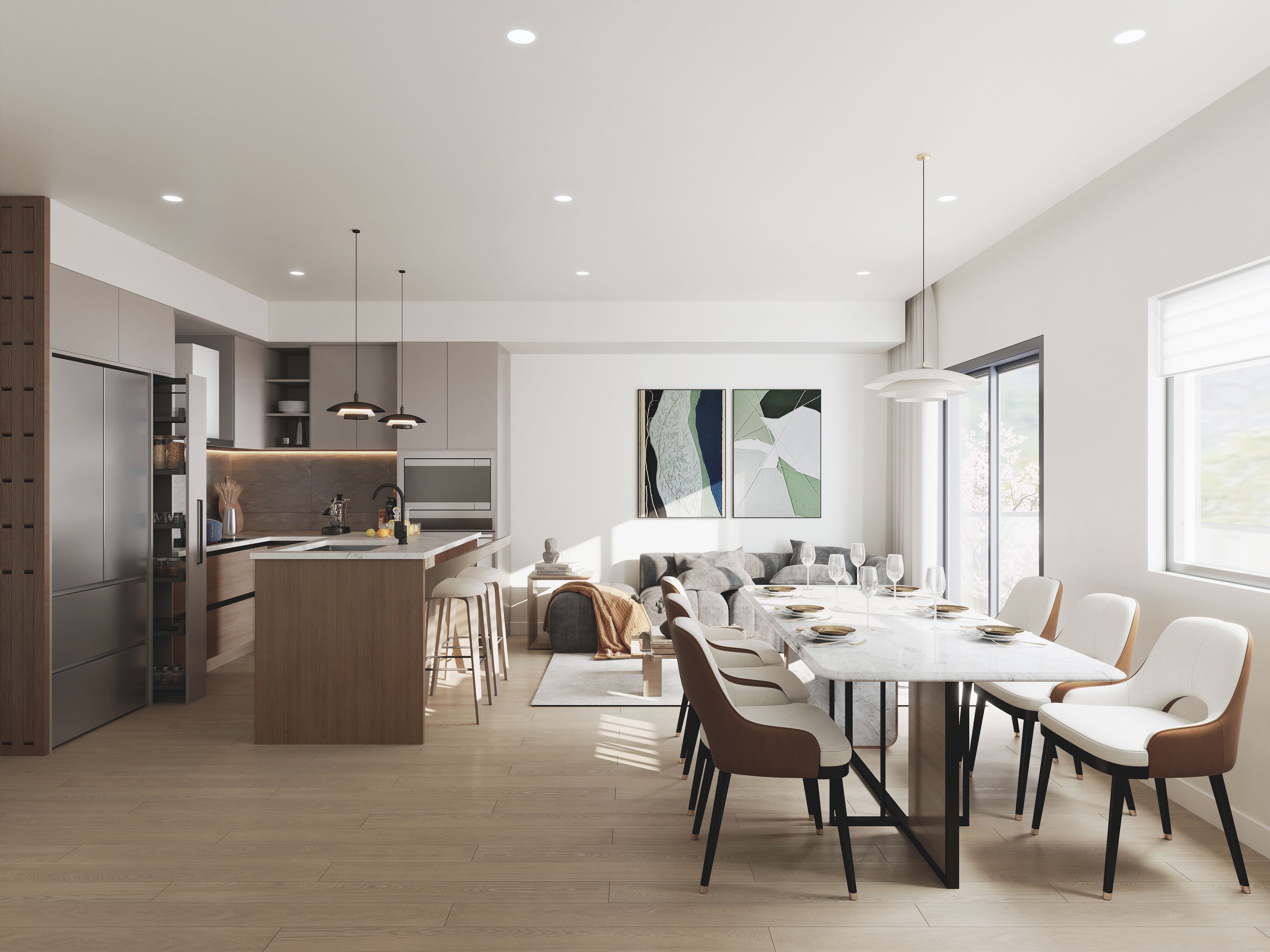 Kamilia condos open-concept kitchen and dining render with island, pendant lighting, and quartz countertops