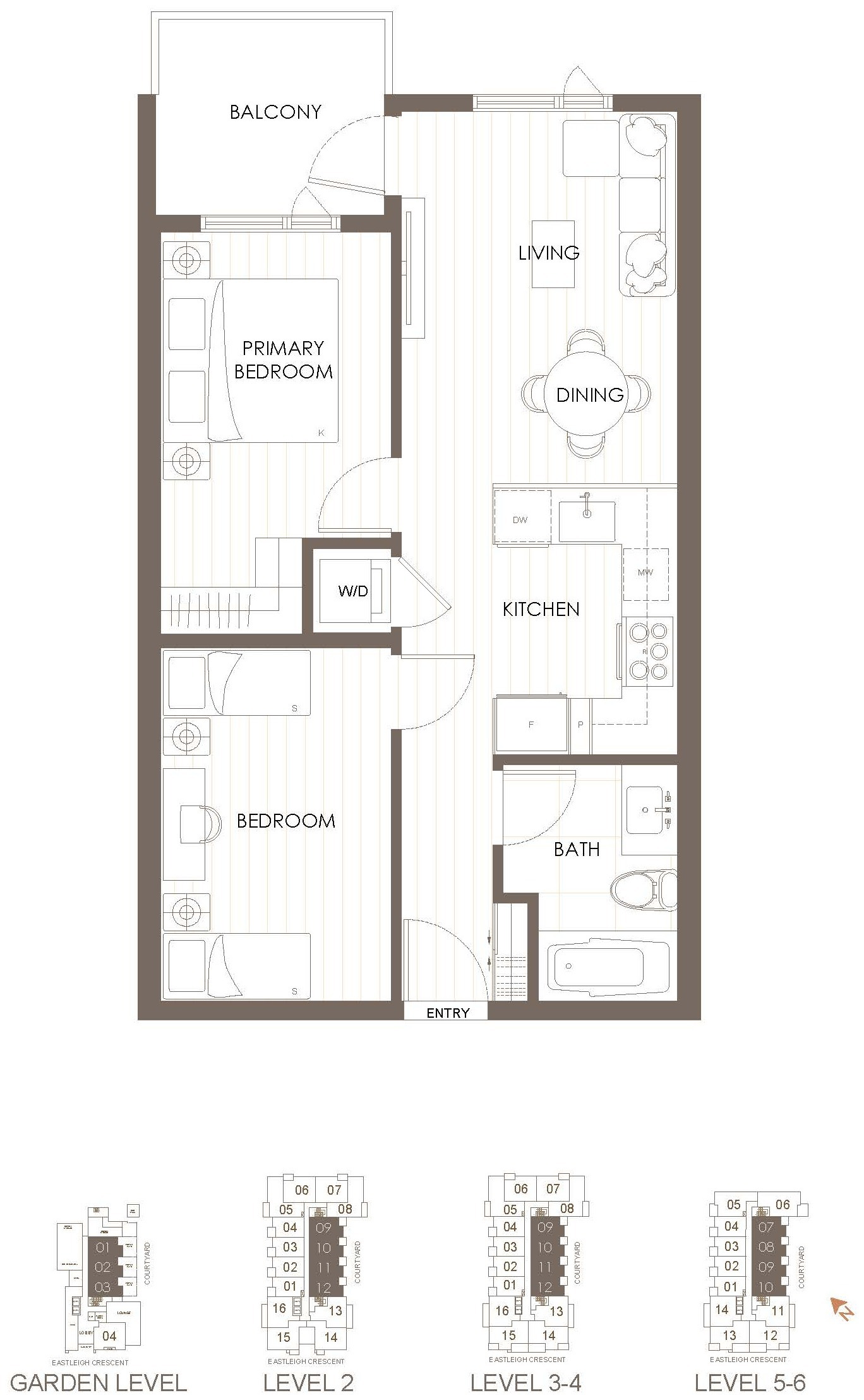 Kamilia West Building Plan B floor plan: 2 Bedroom + Flex, 616 sqft interior, 60-420 sqft exterior, 676-1036 sqft total