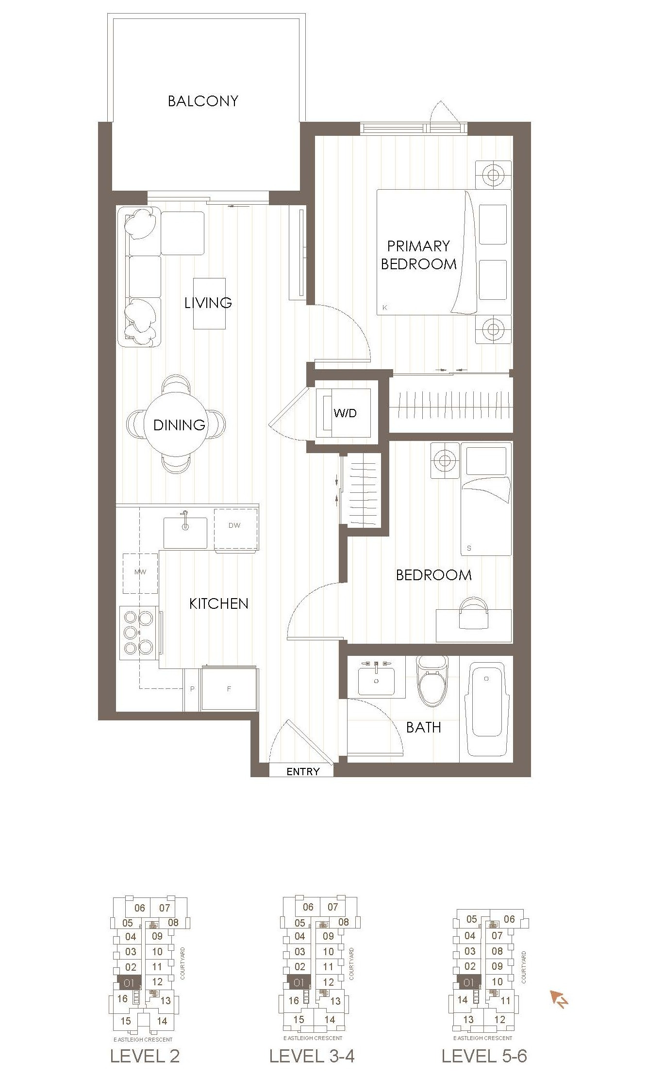 Kamilia West Building Plan A1 floor plan: Jr. 2 Bedroom, 558 sqft interior, 74 sqft exterior, 632 sqft total