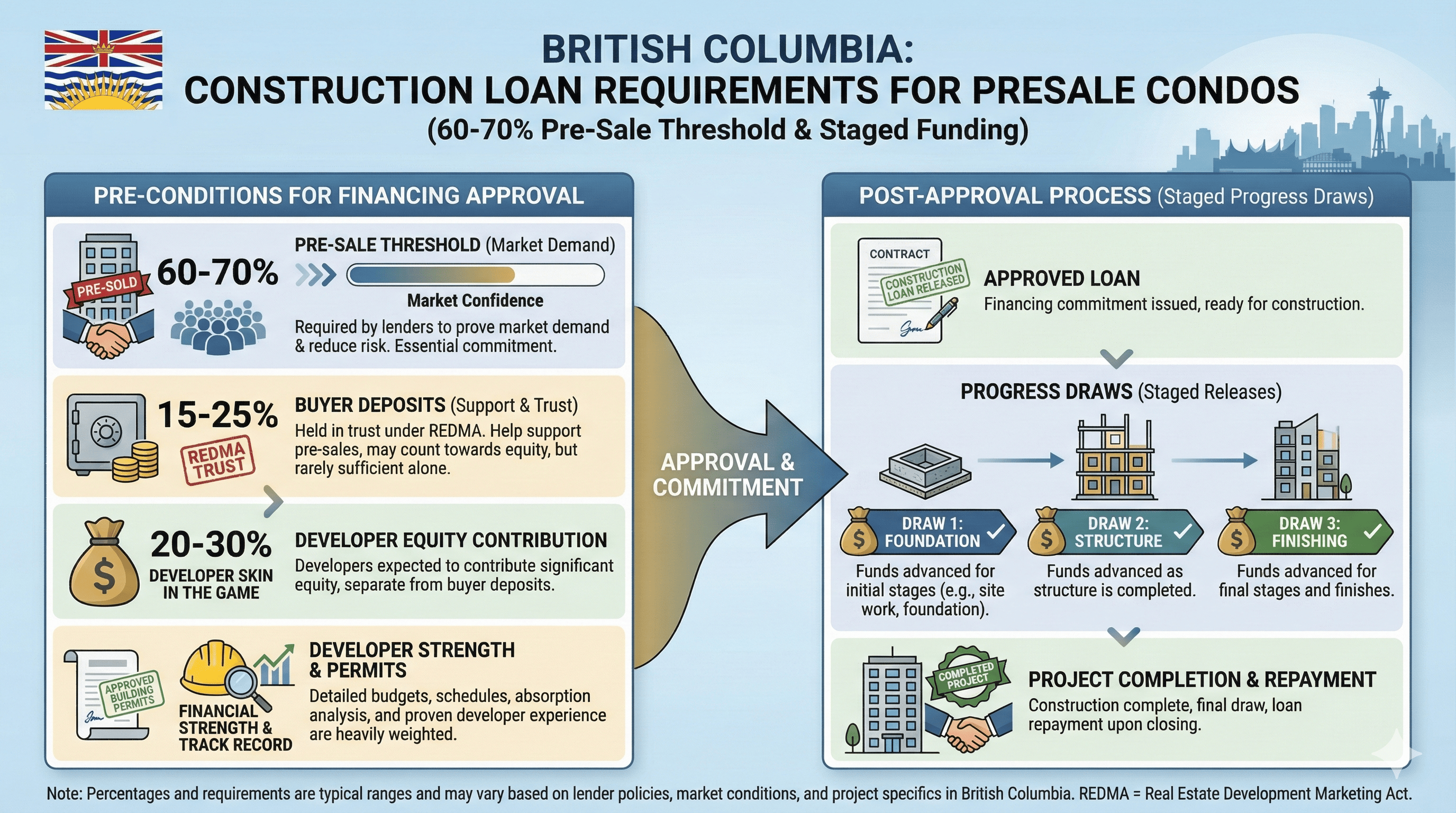 British Columbia construction loan requirements for pre-sale condos: 60-70% pre-sale threshold, 15-25% buyer deposits in REDMA trust, 20-30% developer equity, plus the 3-stage progress draw schedule from foundation to structure to finishing