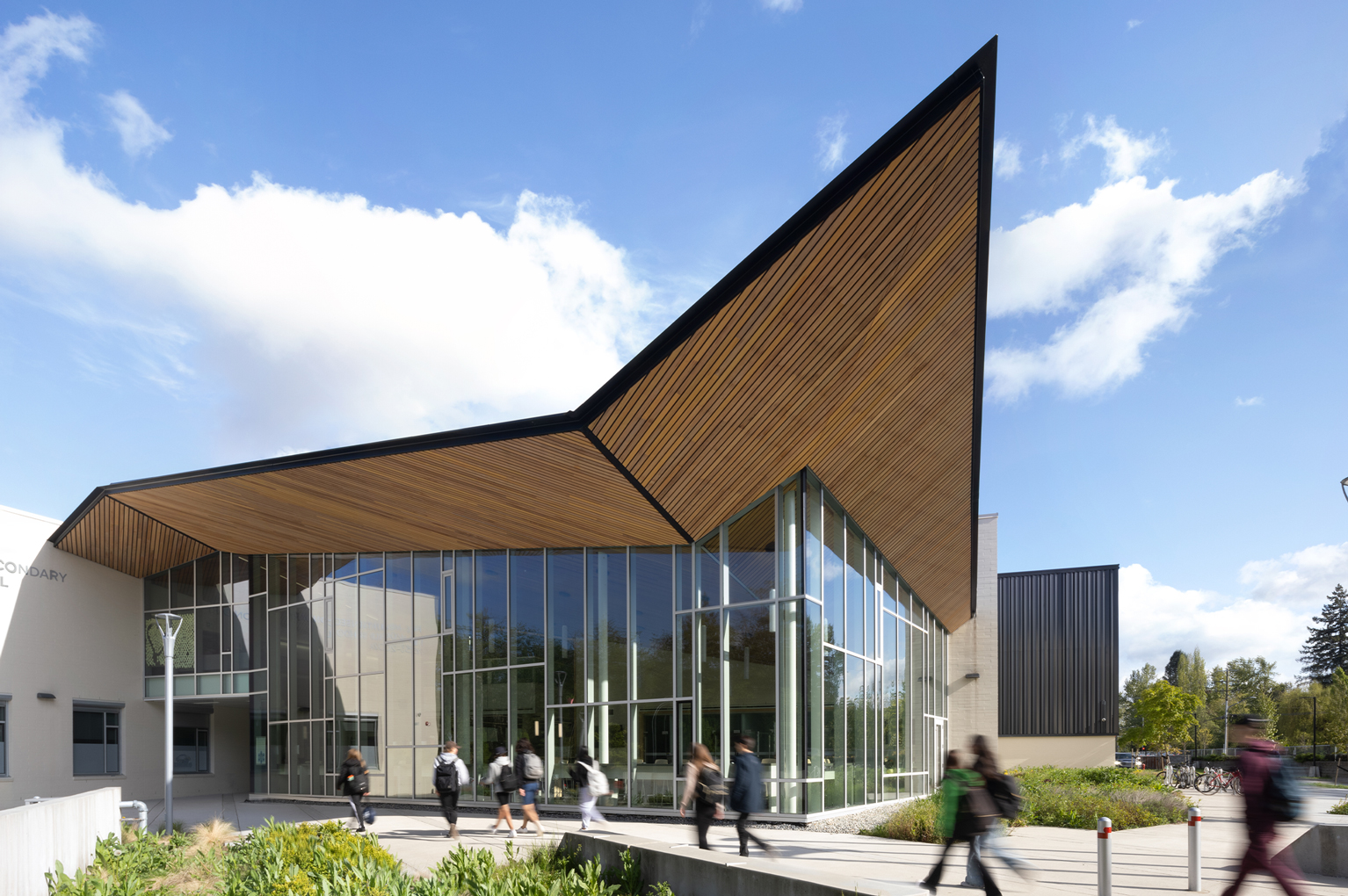 R.E. Mountain Secondary School exterior in Walnut Grove, Langley, the modern 2019-rebuild facility designed by HCMA Architecture