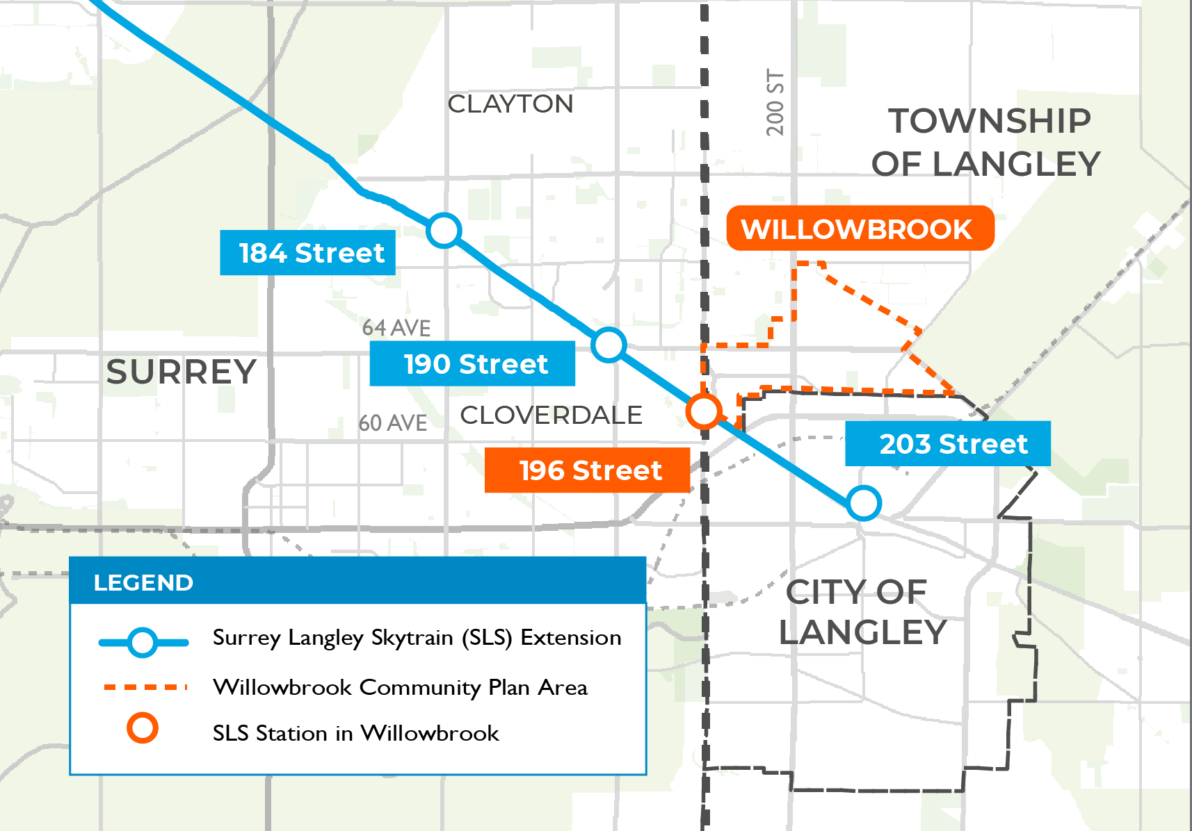 Surrey-Langley SkyTrain extension map showing the Fraser Highway corridor and future Willowbrook station