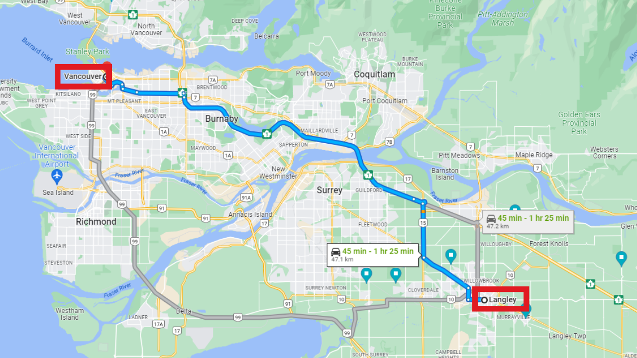 Drive-time chart from Langley to Vancouver showing typical 40 to 60 minute commute window