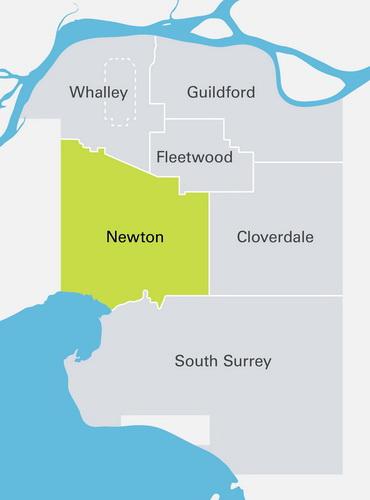Community map highlighting Newton in central Surrey BC, with the East Newton & West Newton halves split along King George Boulevard