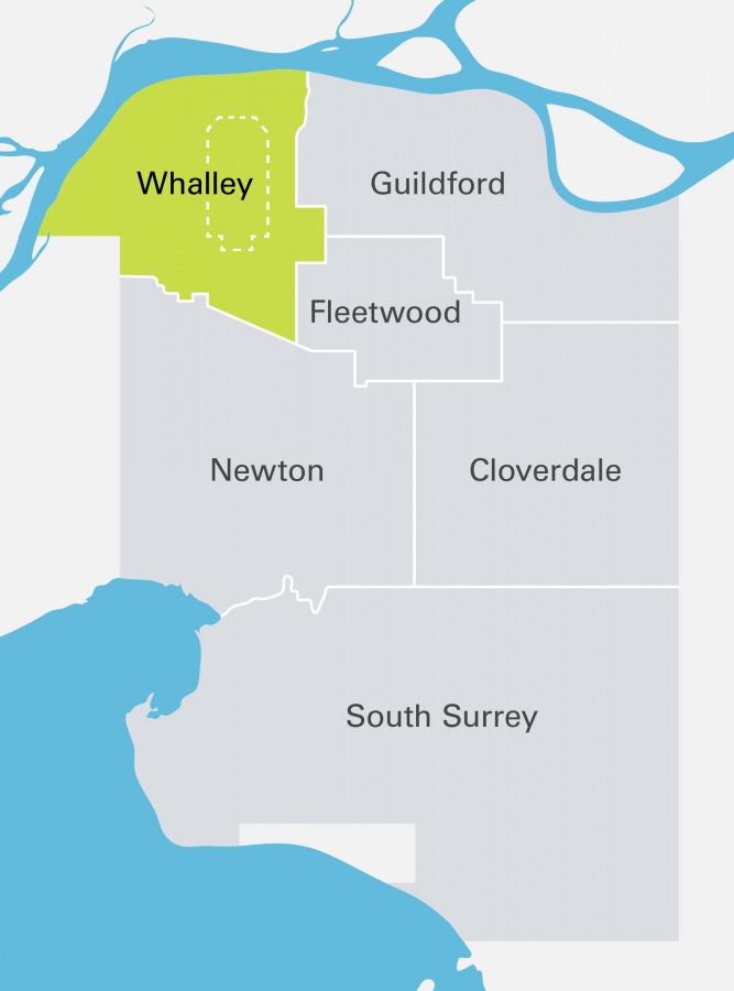Map of the Whalley (City Centre) community in Surrey BC, showing Bridgeview, Royal Heights, Cedar Hills, Bolivar Heights, & City Centre sub-pockets