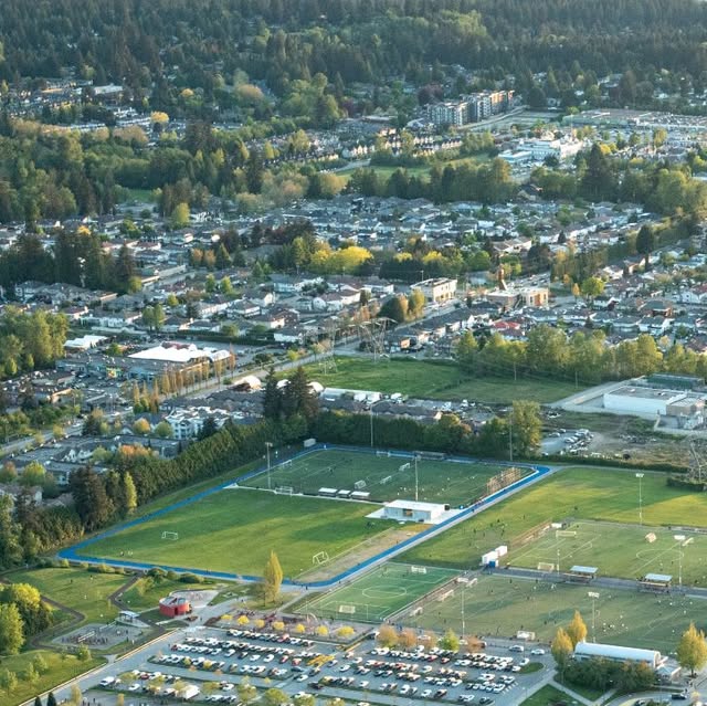 South Surrey Athletic Park, with soccer fields, baseball diamonds, a skate park, & a water park, the active-family hub