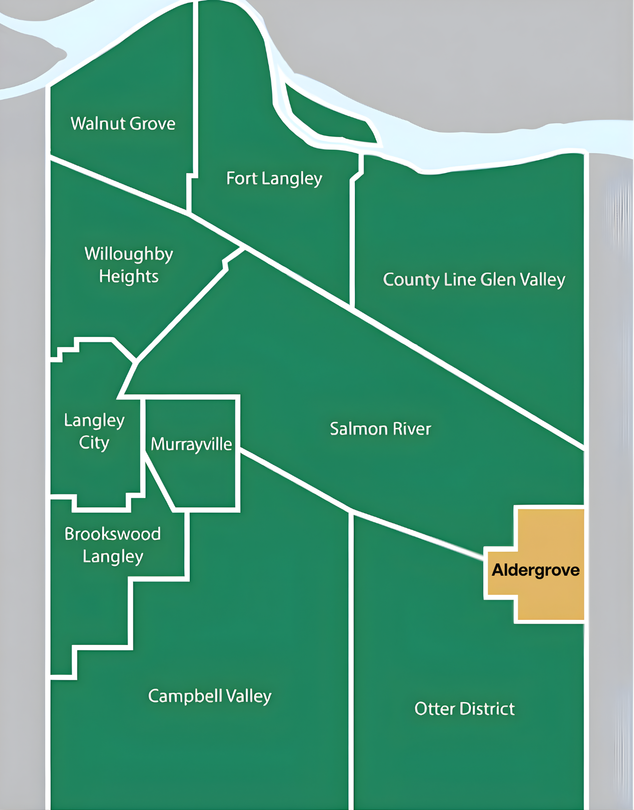 Community map showing Aldergrove's boundary on Langley's eastern edge