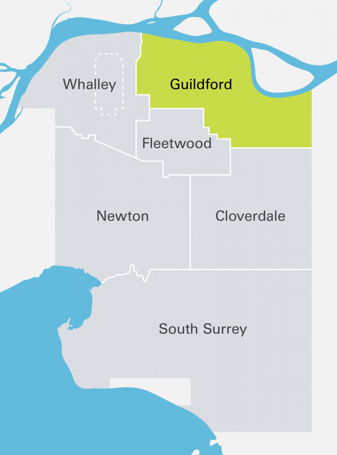 Map of the Guildford community in Surrey BC, showing Guildford (Proper), Fraser Heights, Port Kells, & Boulevard Heights sub-pockets