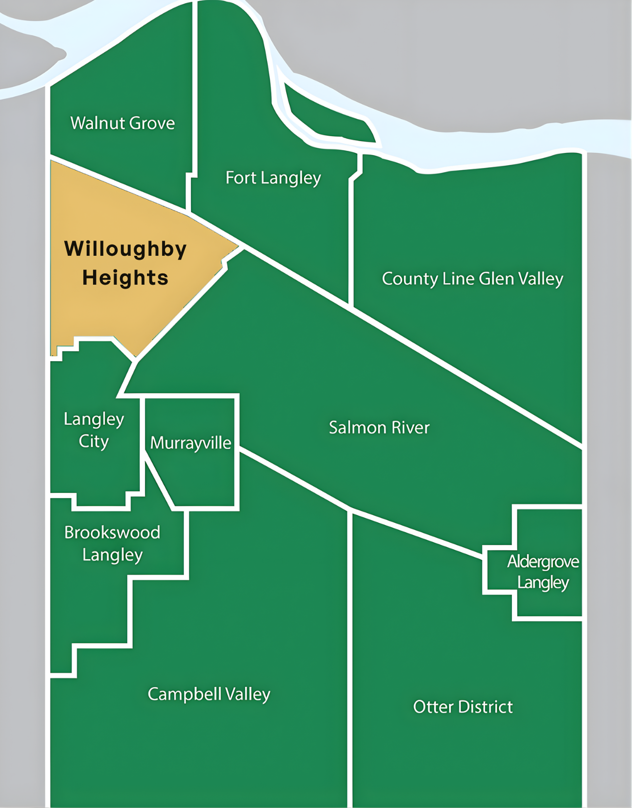 Community map showing Willoughby Heights's boundary across central Langley