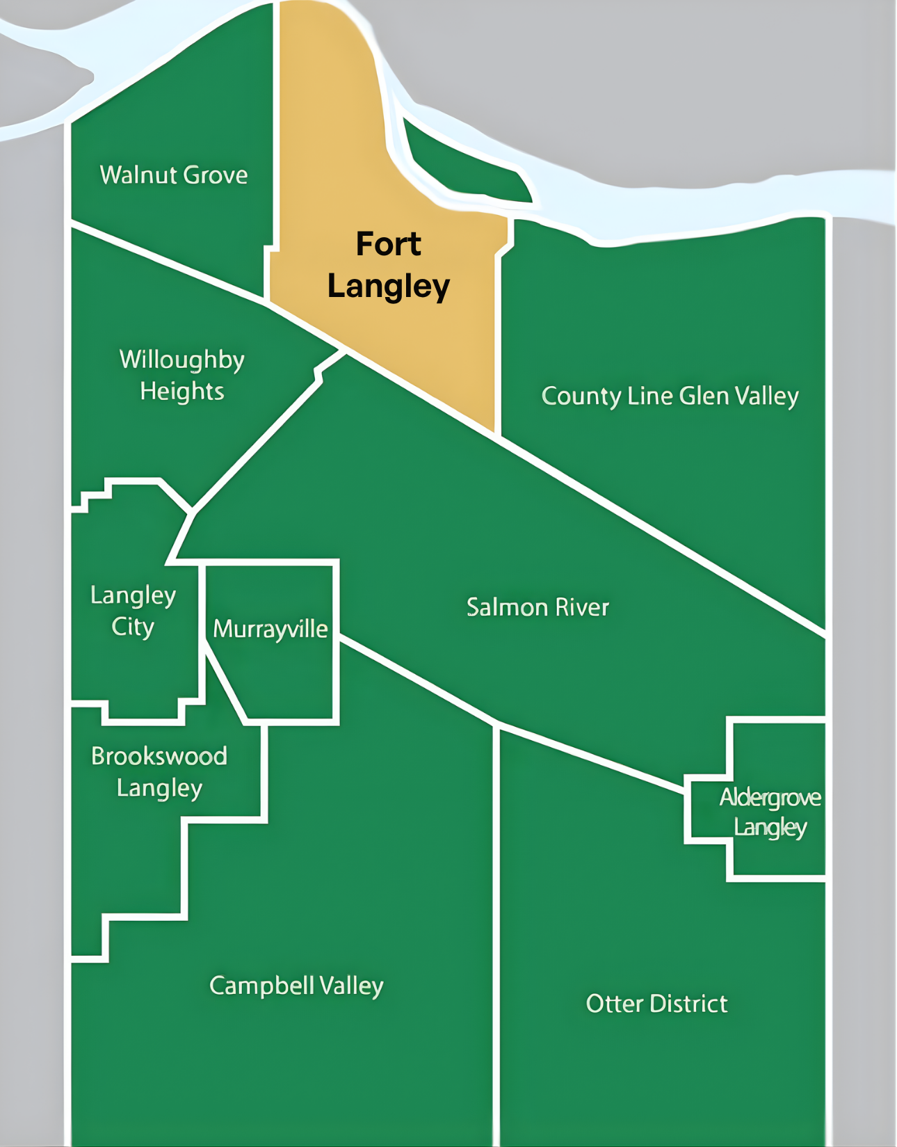 Community map showing Fort Langley's boundary along the Fraser River