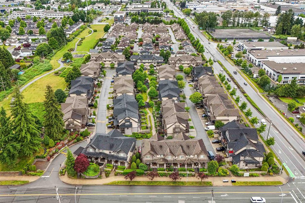 Aerial view of Walnut Grove townhome rows along the residential streets