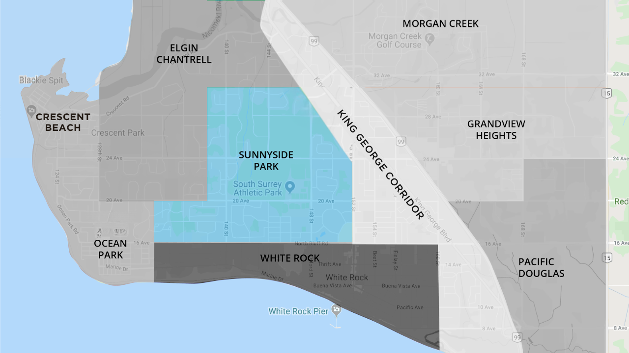 Community map highlighting Sunnyside Park in South Surrey BC, with neighbouring pockets including White Rock & Pacific Douglas