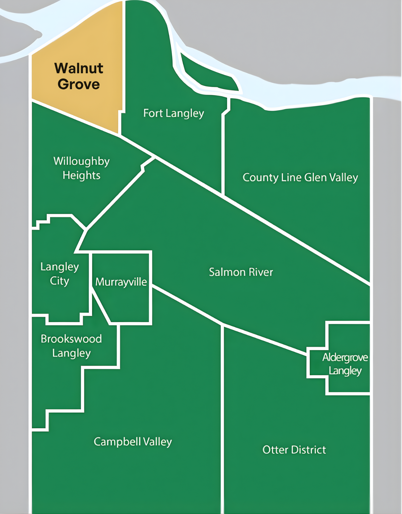 Community map showing Walnut Grove's boundary in north Langley