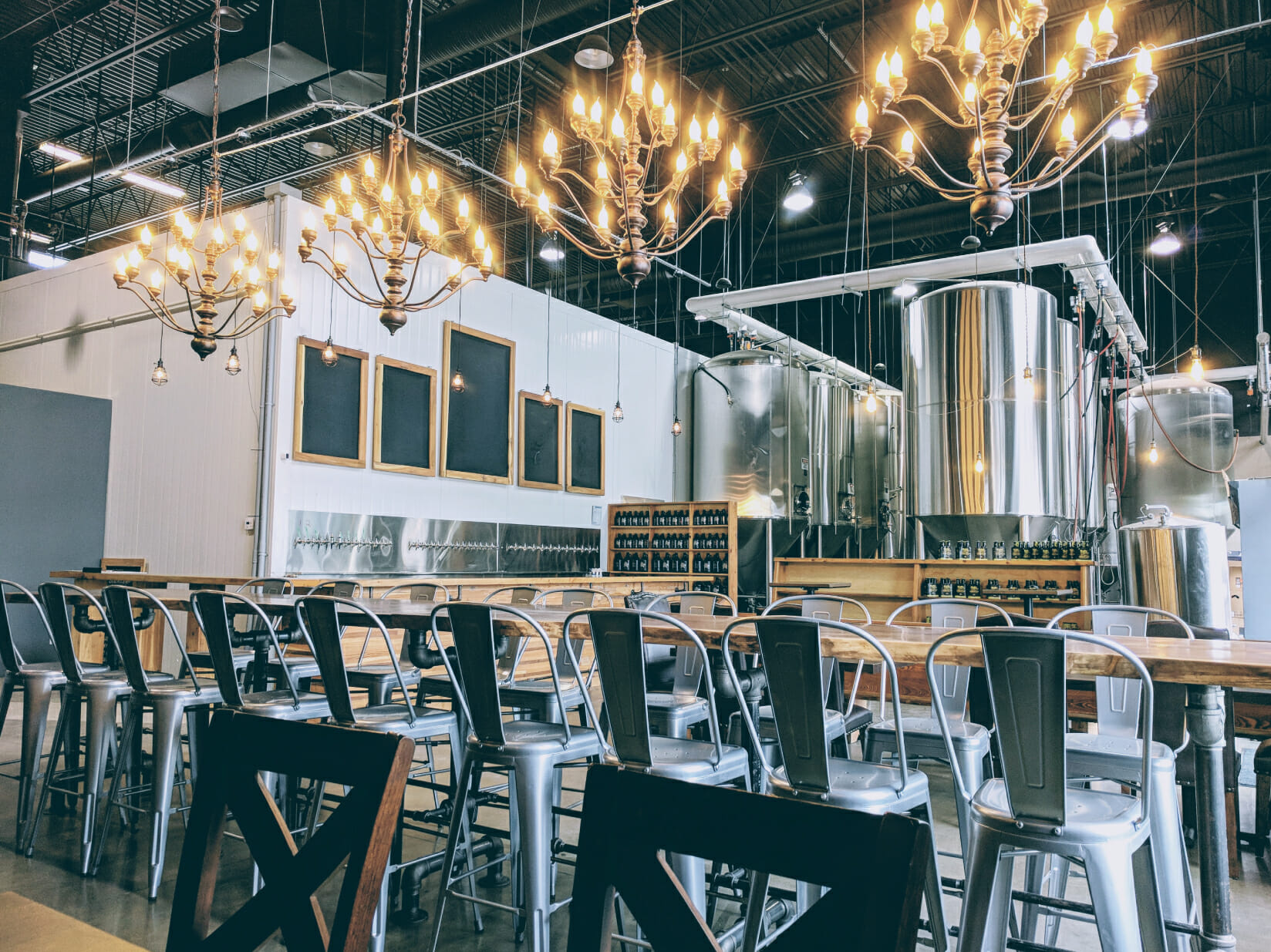 Dead Frog Brewery taproom in Willoughby with the in-house brewing tanks visible