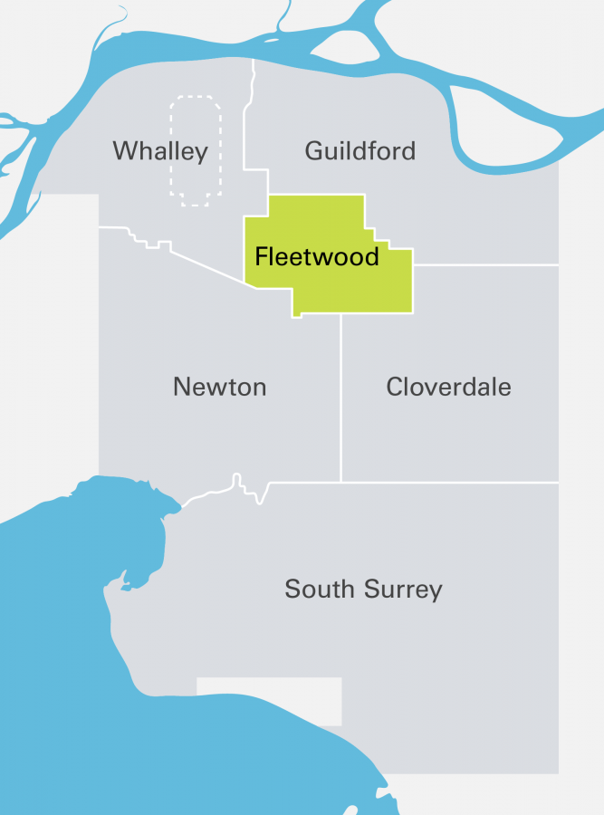 Community map highlighting Fleetwood, the central-north Surrey city centre, with neighbouring pockets including Whalley, Newton, Cloverdale, & Guildford