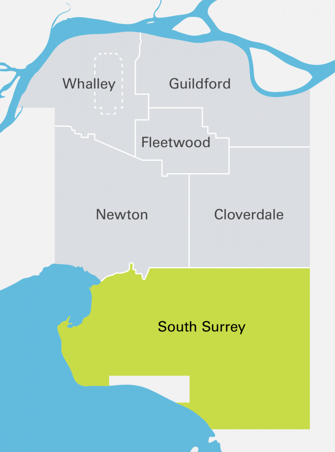 Map of the South Surrey community, showing Morgan Creek, Grandview Heights, Crescent Beach, Ocean Park, Sunnyside Park, King George Corridor, Pacific Douglas, & Hazelmere sub-pockets