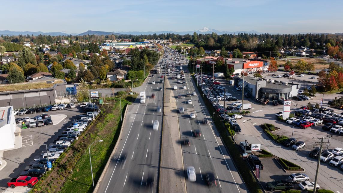 Lougheed Highway running along the Fraser River corridor through Maple Ridge