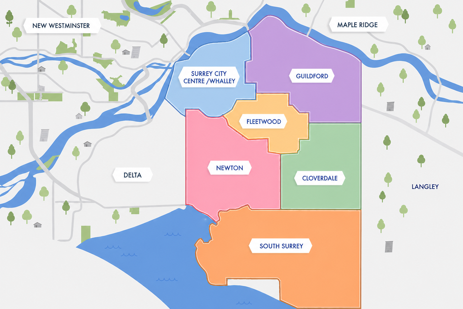 Map of the 6 major communities of Surrey BC