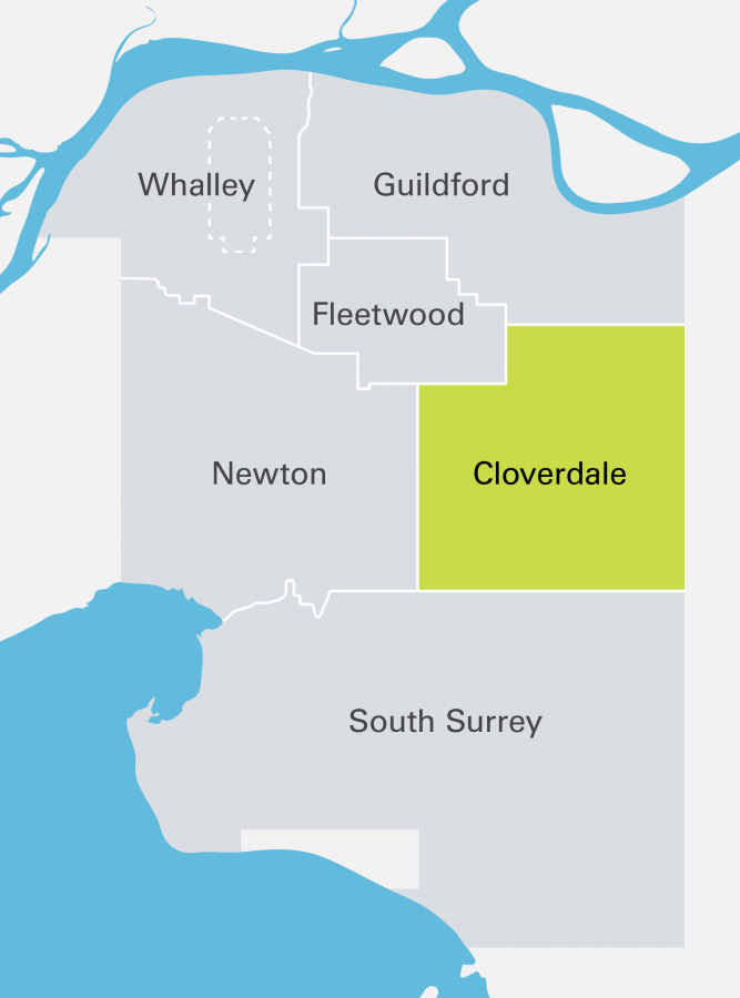 Map of the Cloverdale community in Surrey BC, showing Clayton, Cloverdale (Proper), & Serpentine sub-pockets