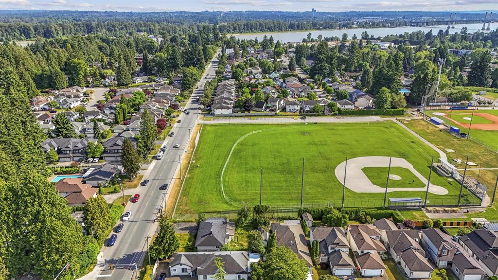 Hammond Stadium ball diamond aerial with Fraser River backdrop