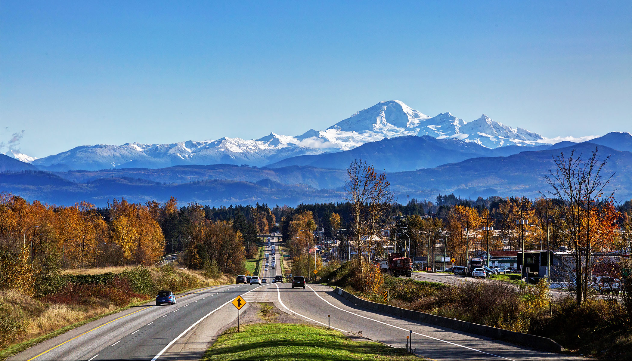 Abbotsford with Mt Baker on the horizon, autumn colour over Highway 1