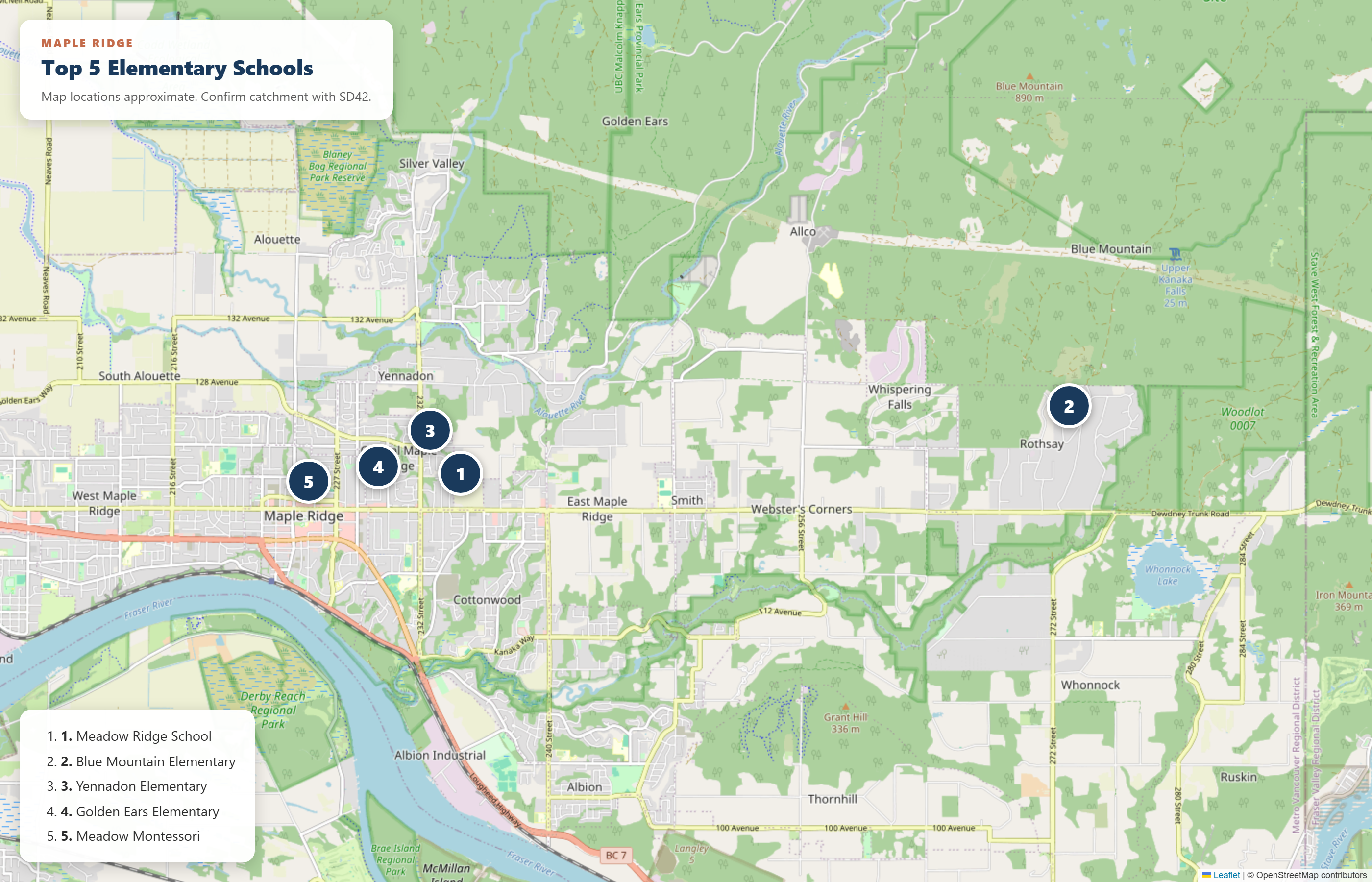 Map showing all 5 schools