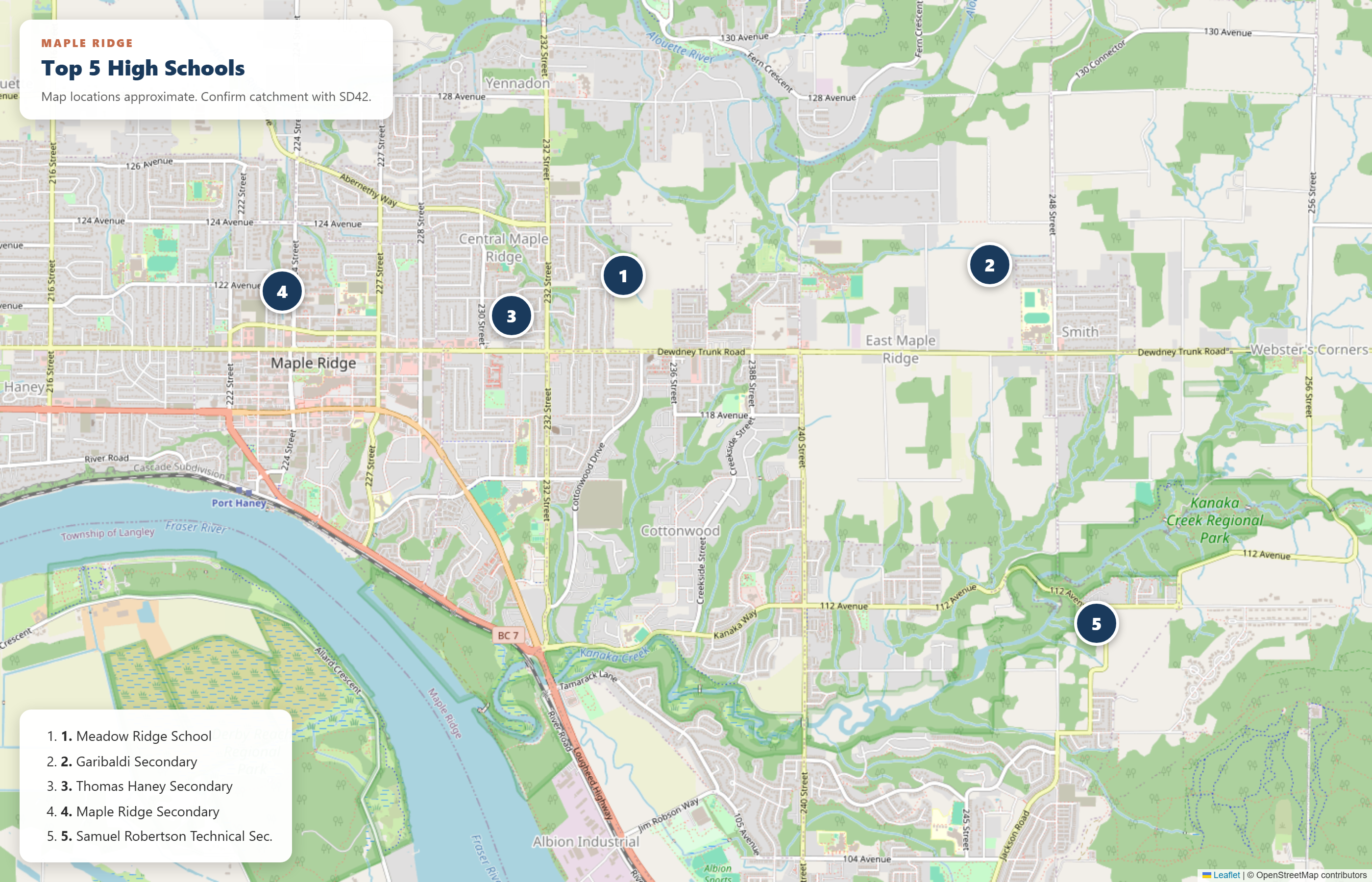 Map showing all 5 schools