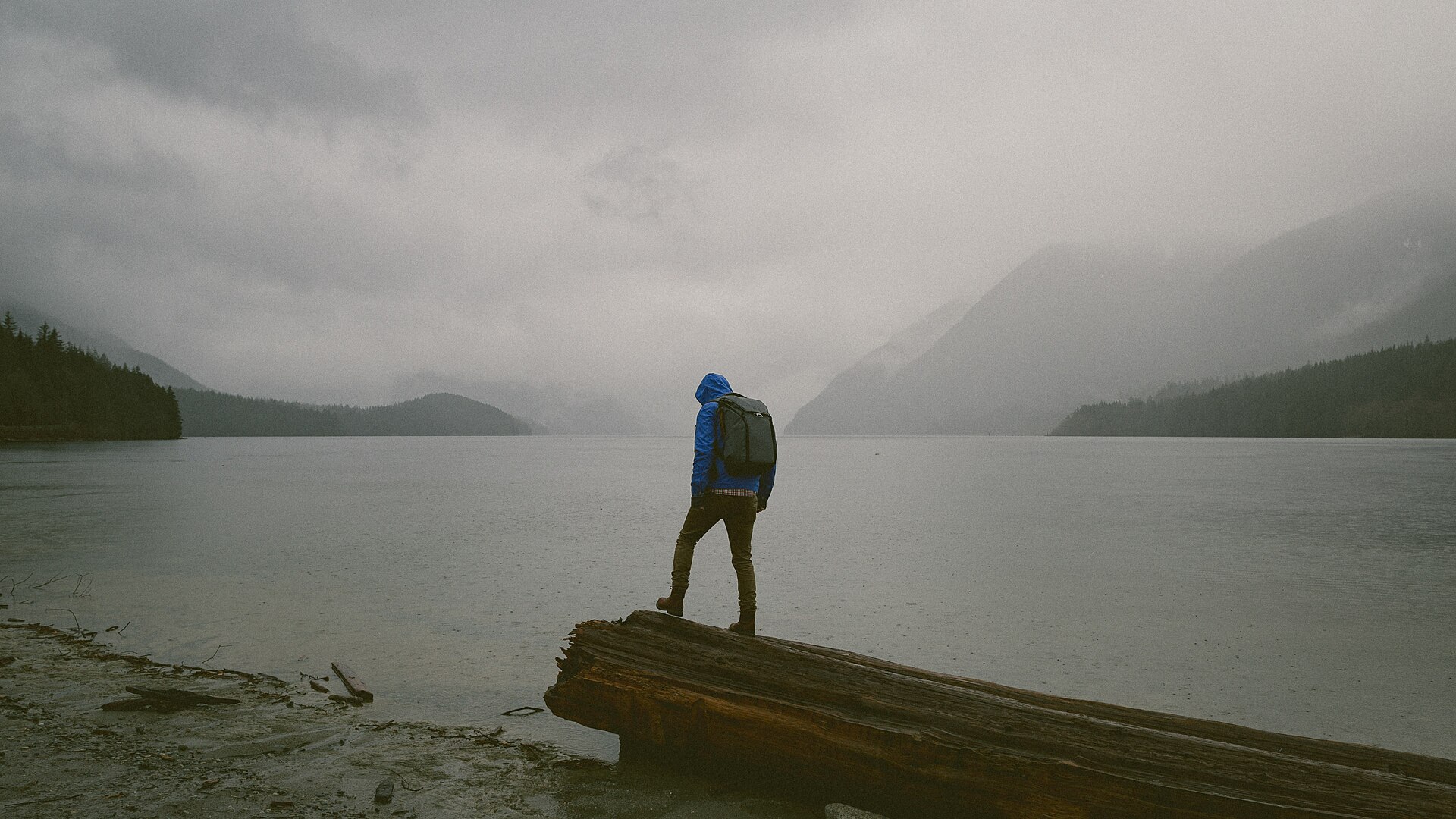 Hiker at mountain lake in the Golden Ears area near Silver Valley