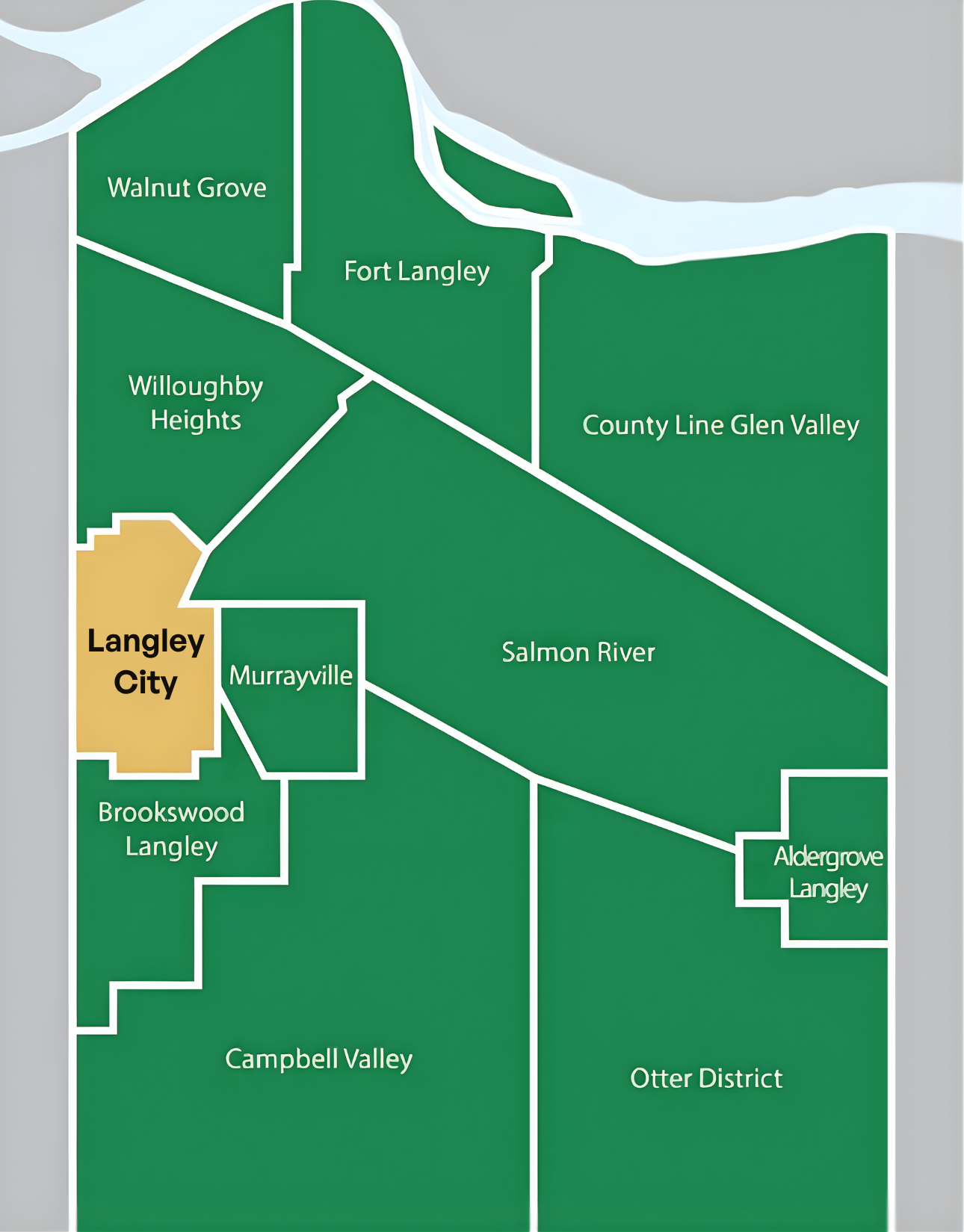 Langley City community map showing its location within the Township of Langley