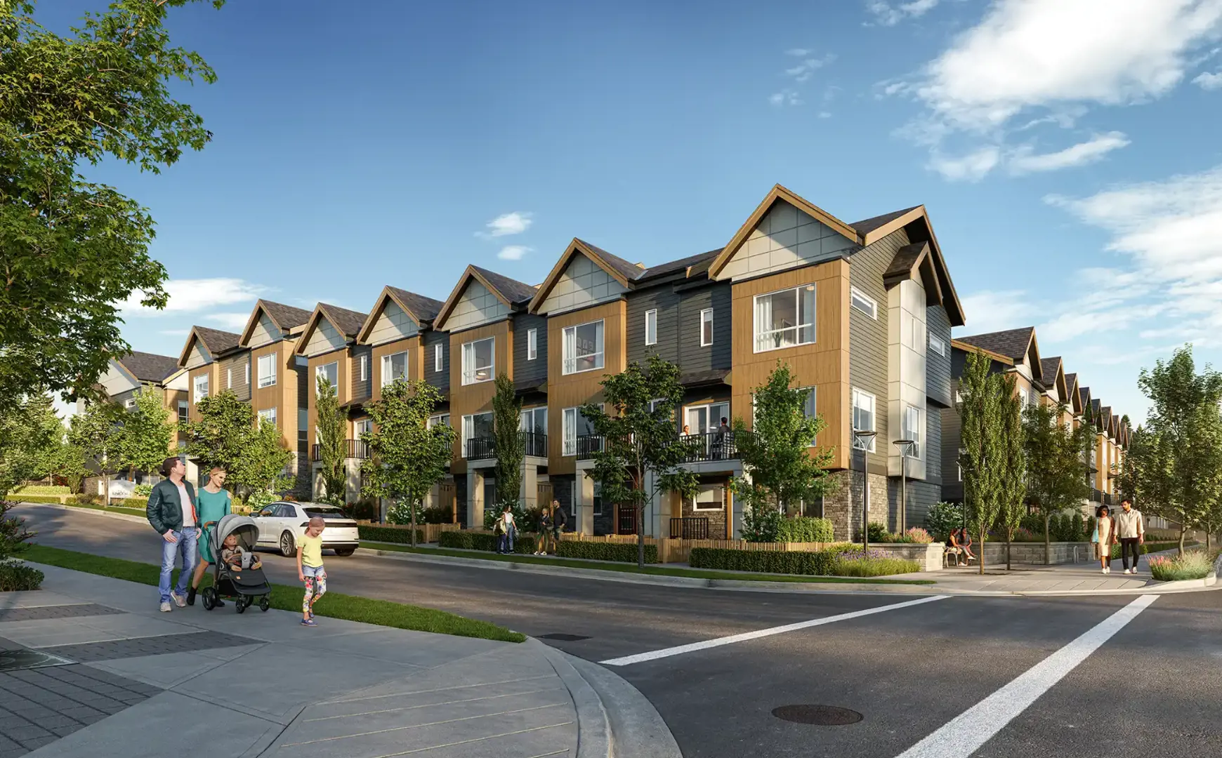 Exterior rendering of Liberty Encore, a pre-sale townhome development by Platinum Group of Companies in Surrey BC