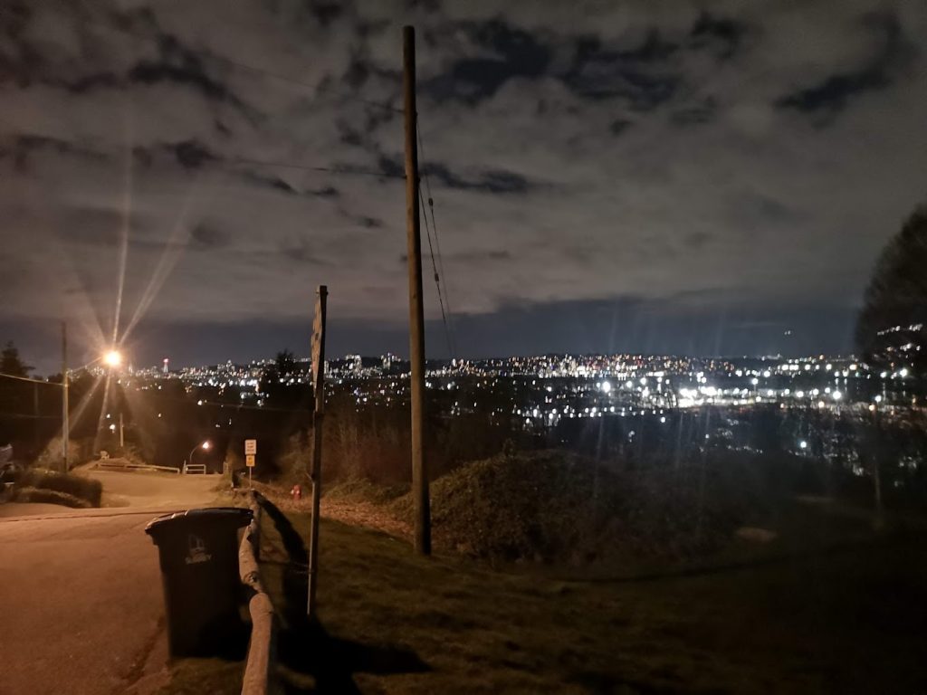 Bolivar Heights at night with Surrey City Centre skyline