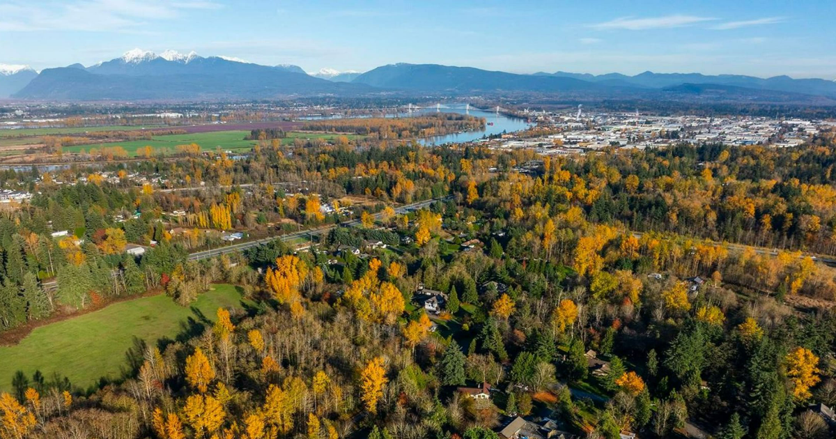 Port Kells Surrey aerial drone view of the far-east neighbourhood near Highway 1 and the Langley line