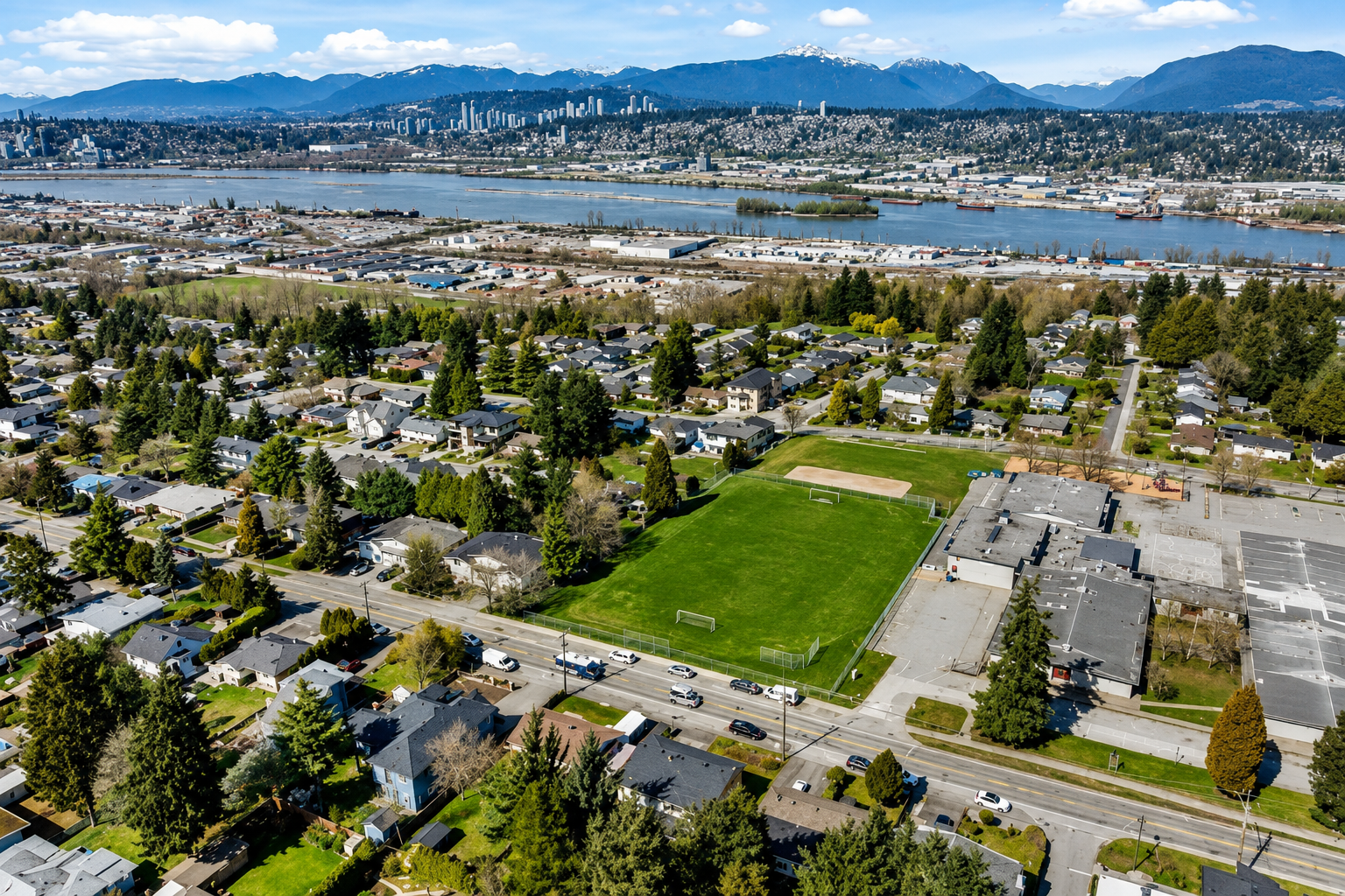 Bolivar Heights Surrey aerial drone view of the established North Surrey detached neighbourhood
