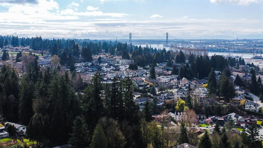 Royal Heights Surrey aerial drone view of the bluff neighbourhood above the Fraser River