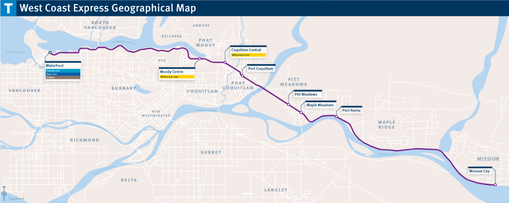 West Coast Express route map: Mission to Waterfront via Port Haney, Maple Meadows, Pitt Meadows, Port Coquitlam, Coquitlam Central, Moody Centre