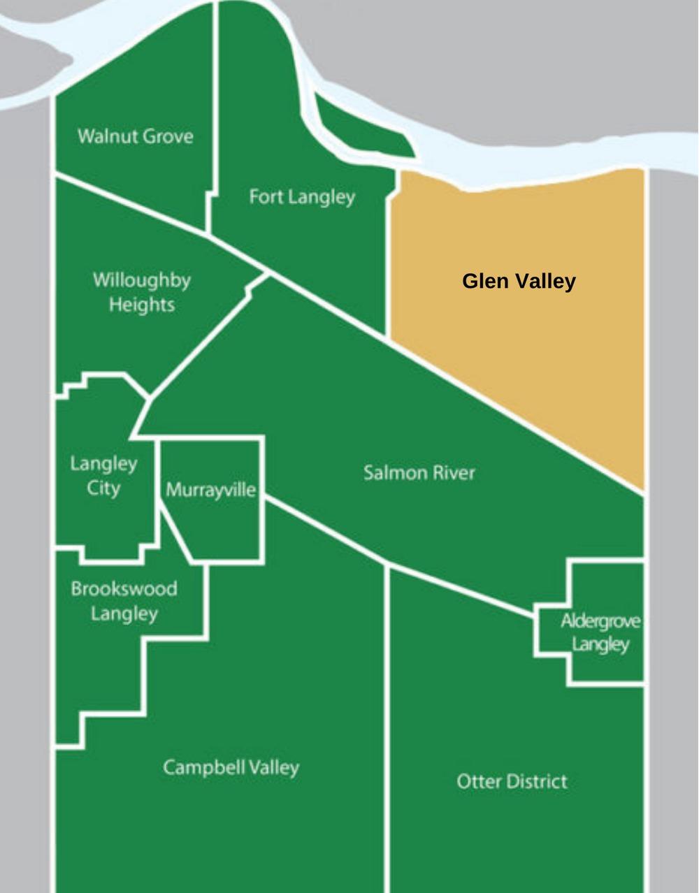Map of Glen Valley highlighted in gold within the Township of Langley