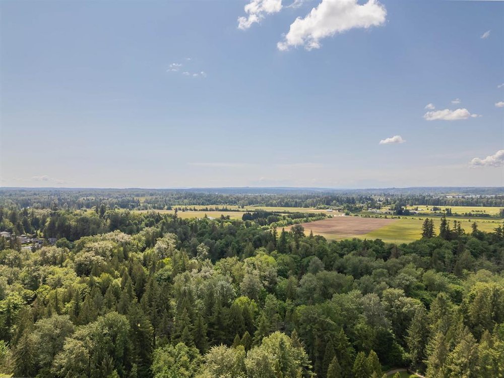 Langley BC aerial view, framed by farmland & the future SkyTrain corridor