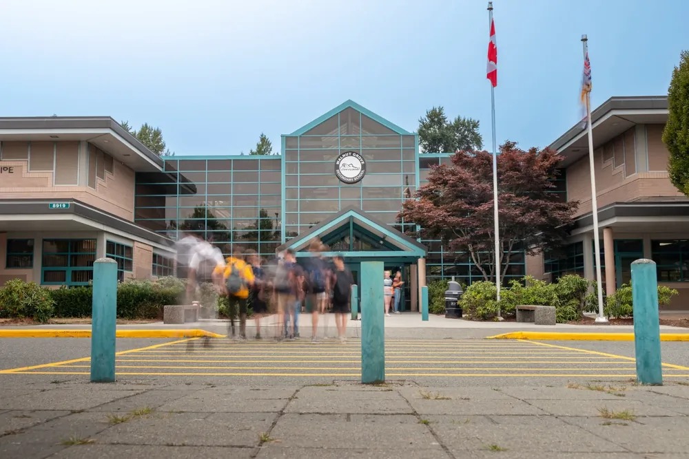 Walnut Grove Secondary School with students entering, Langley