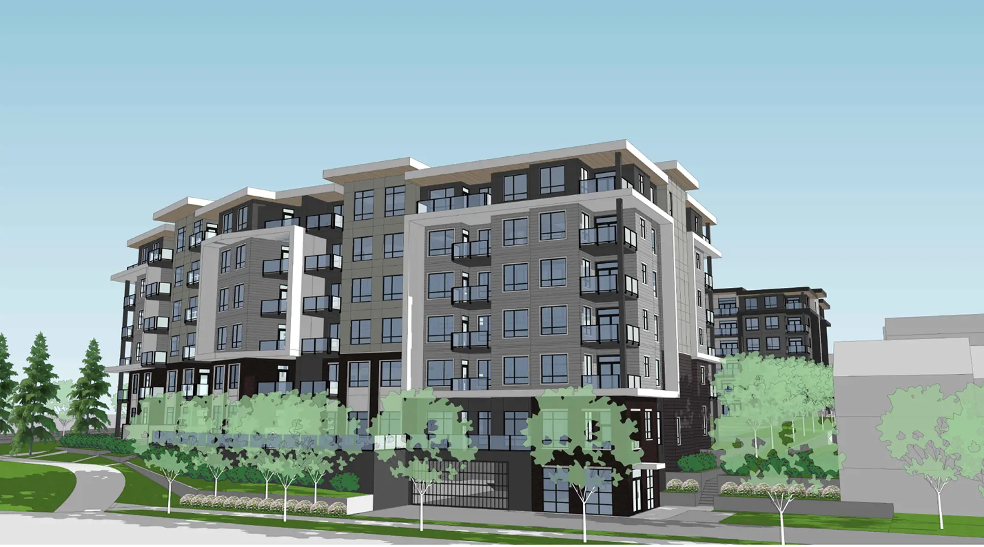 Exterior rendering of Solana, a pre-sale condo development by Zenterra in Langley BC