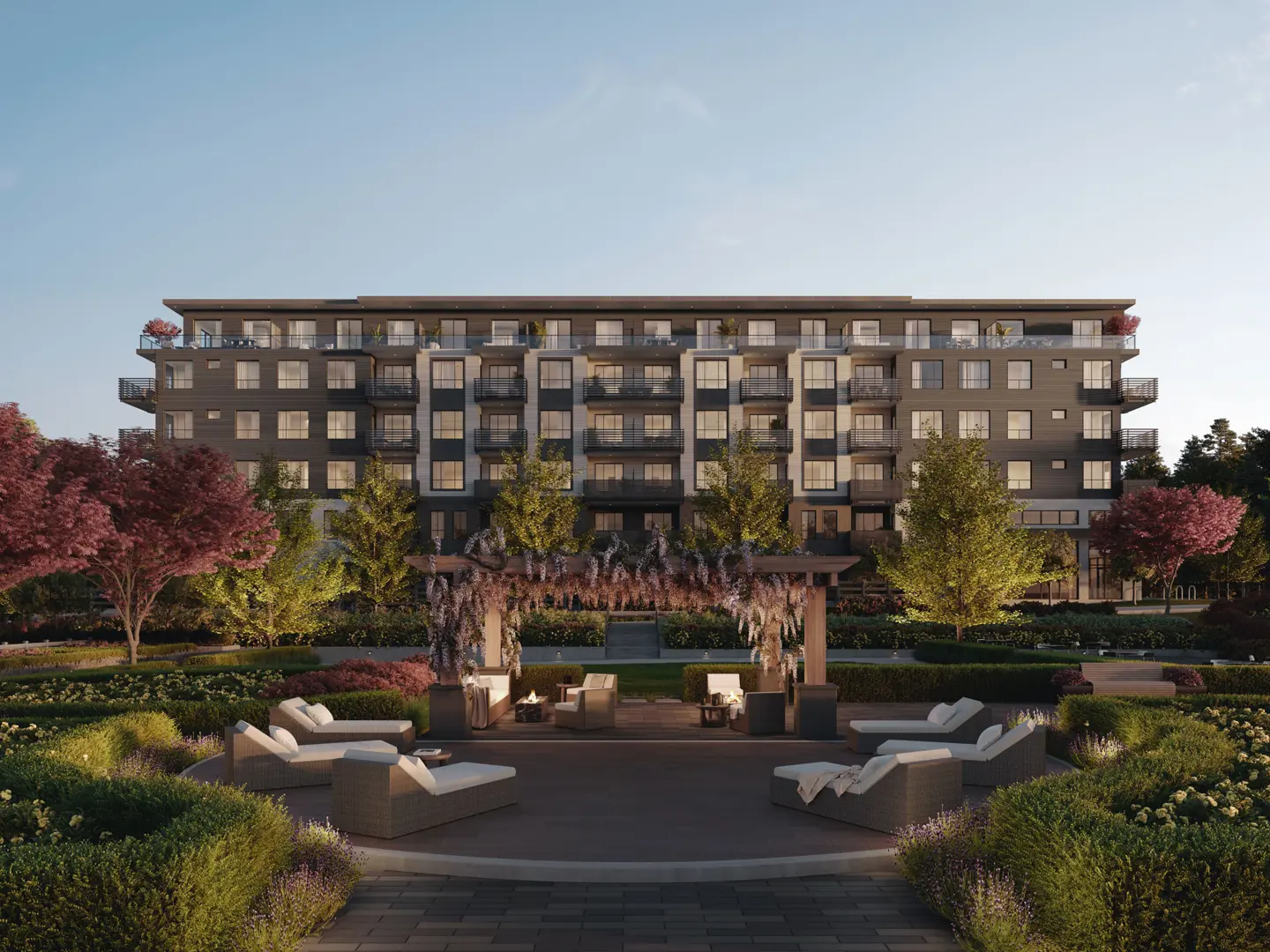Exterior rendering of Queens Forest Hills, a pre-sale townhome development by Dawson + Sawyer in Surrey BC